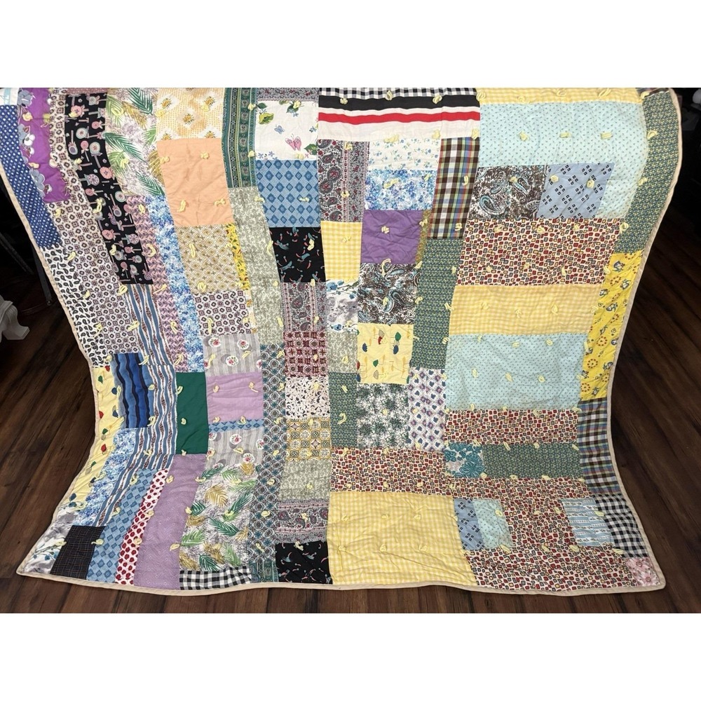VTG Hand-Made Patchwork Quilt Yarn Tied 64x80 Farmhouse Chickens Cottagecore